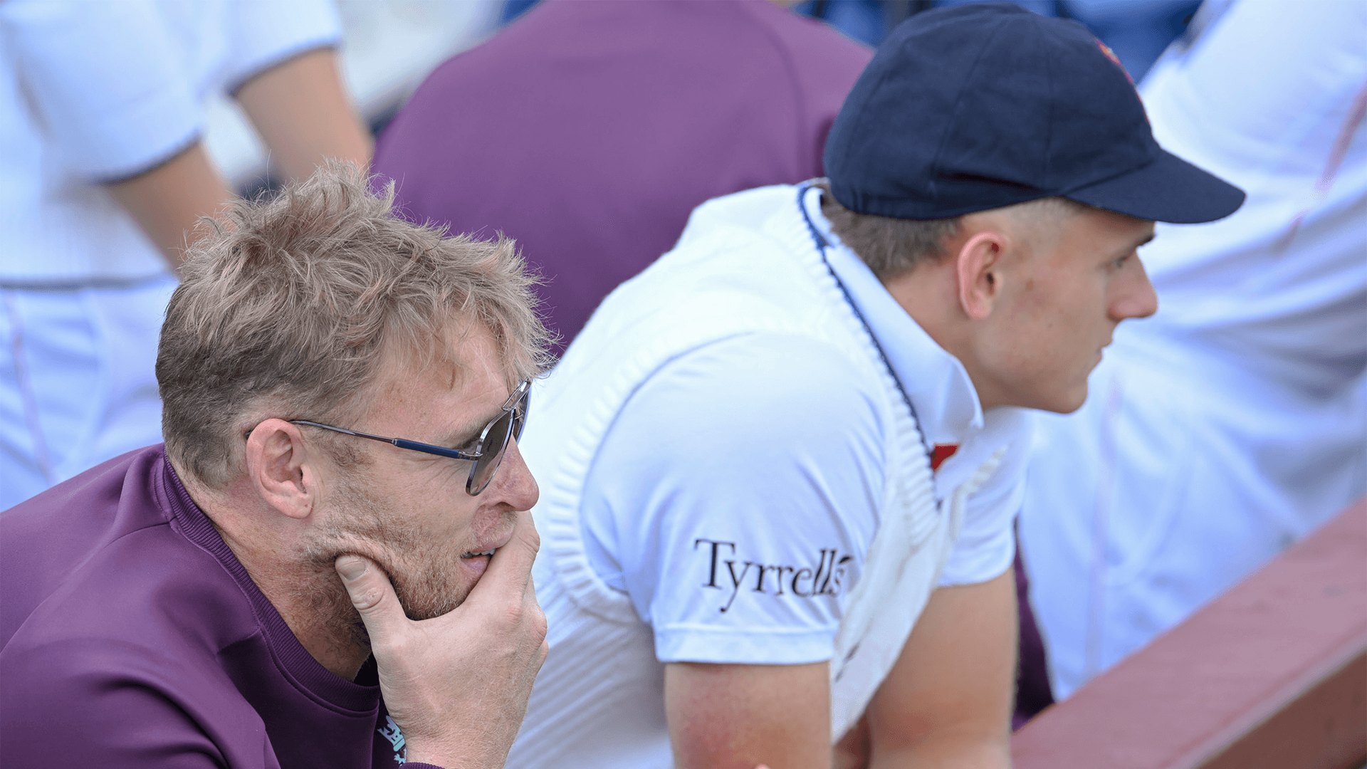 Eddie Jack sits with Andrew Flintoff during England Lions' match against India A