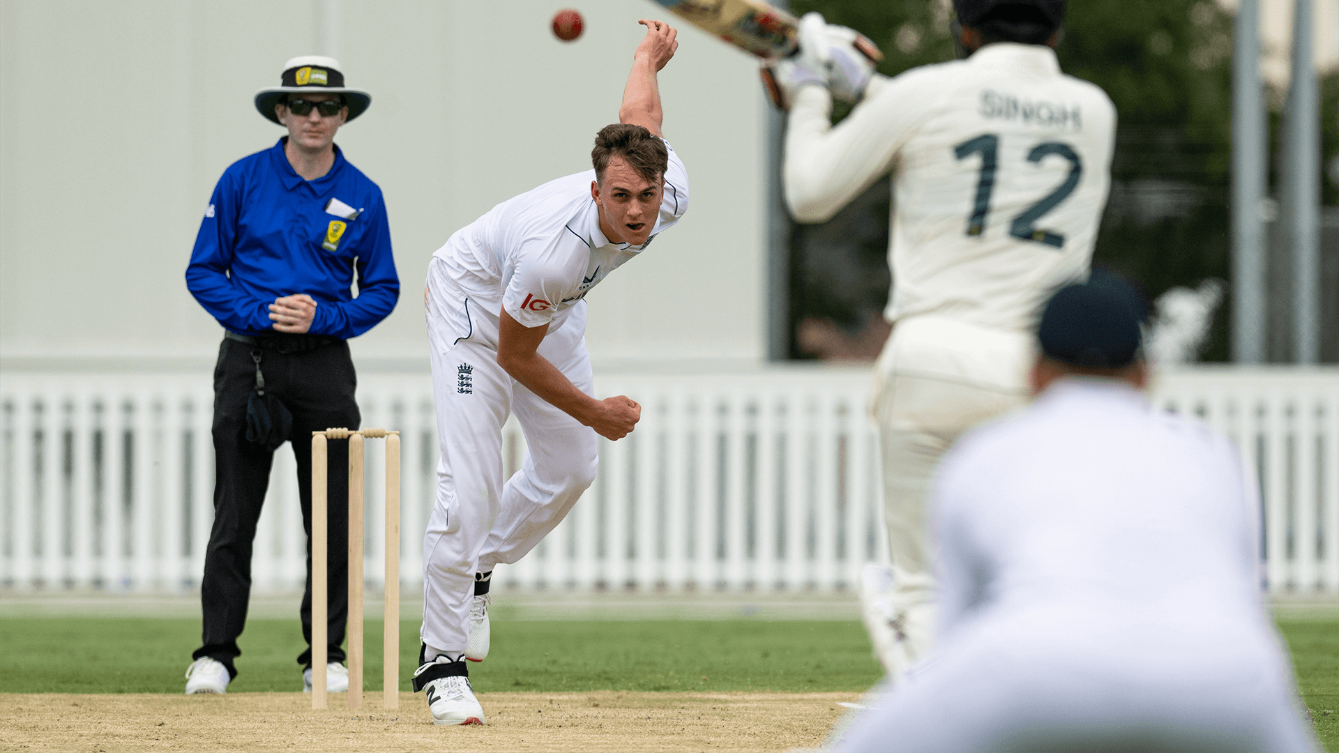 Eddie Jack bowls at Australia U19s' Harjas Singh in 2023