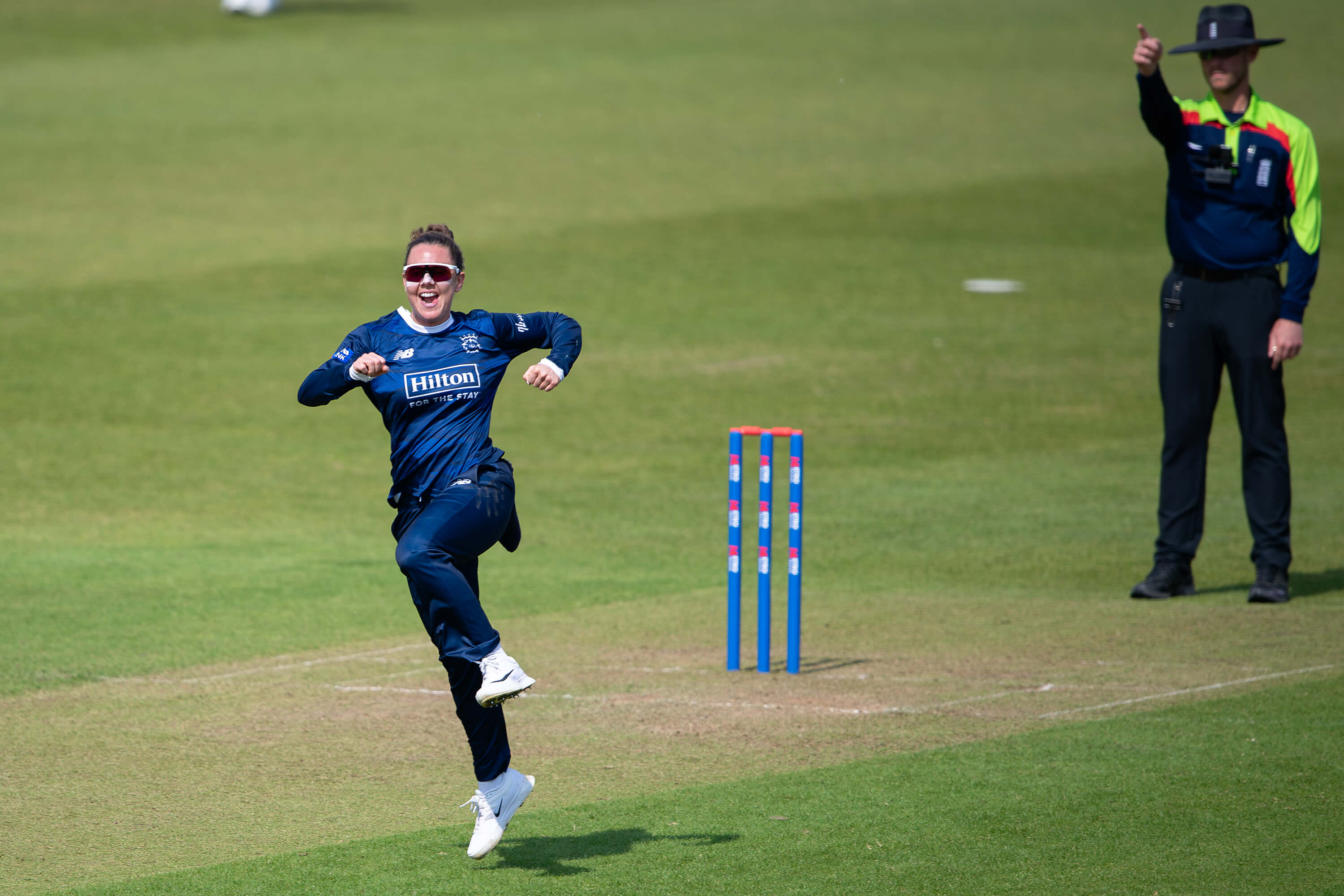 Linsey Smith jumps for joy after picking up a wicket in the Metro Bank One Day Cup