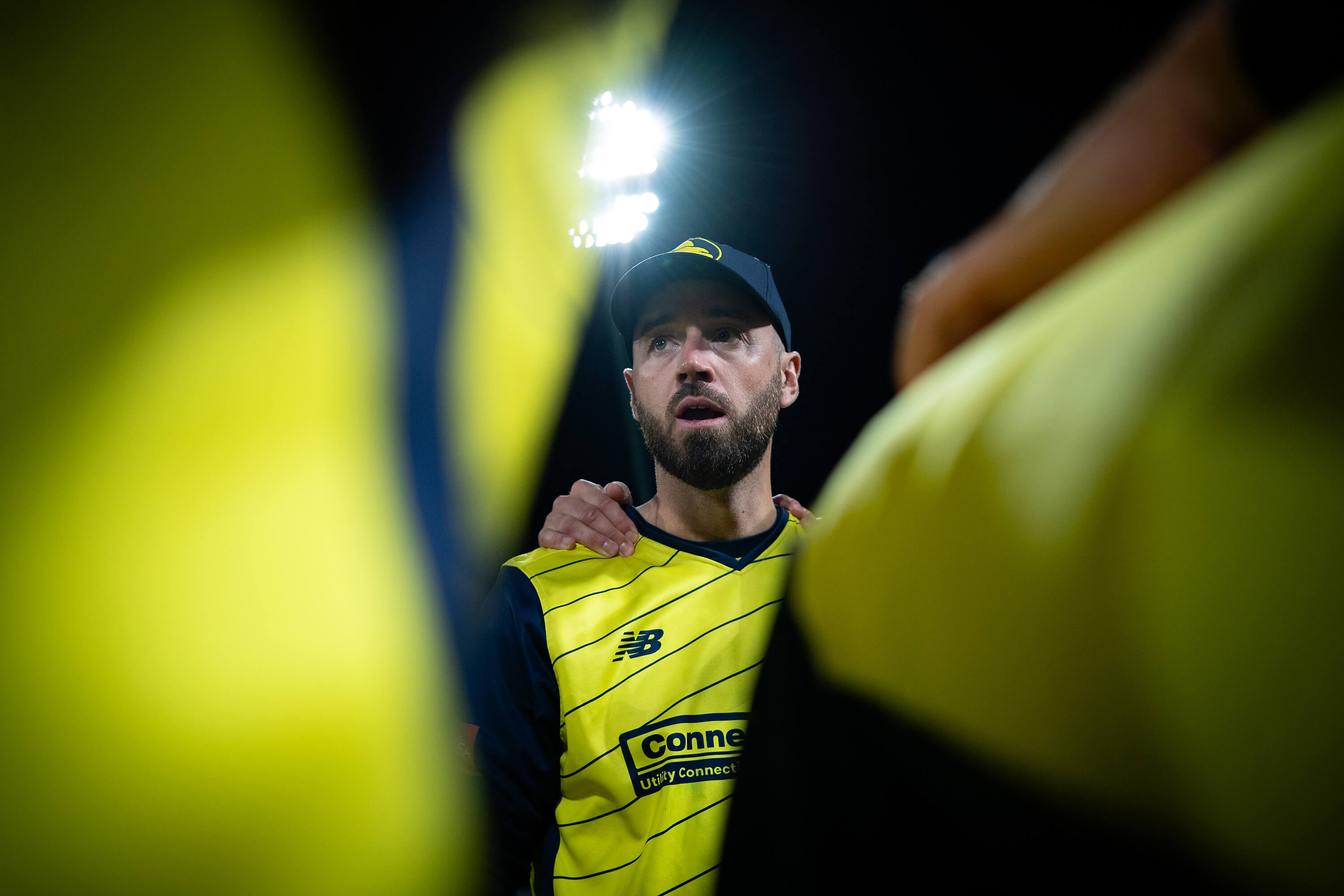 James Vince leading the huddle ahead of Somerset's innings of the men's Vitality Blast final