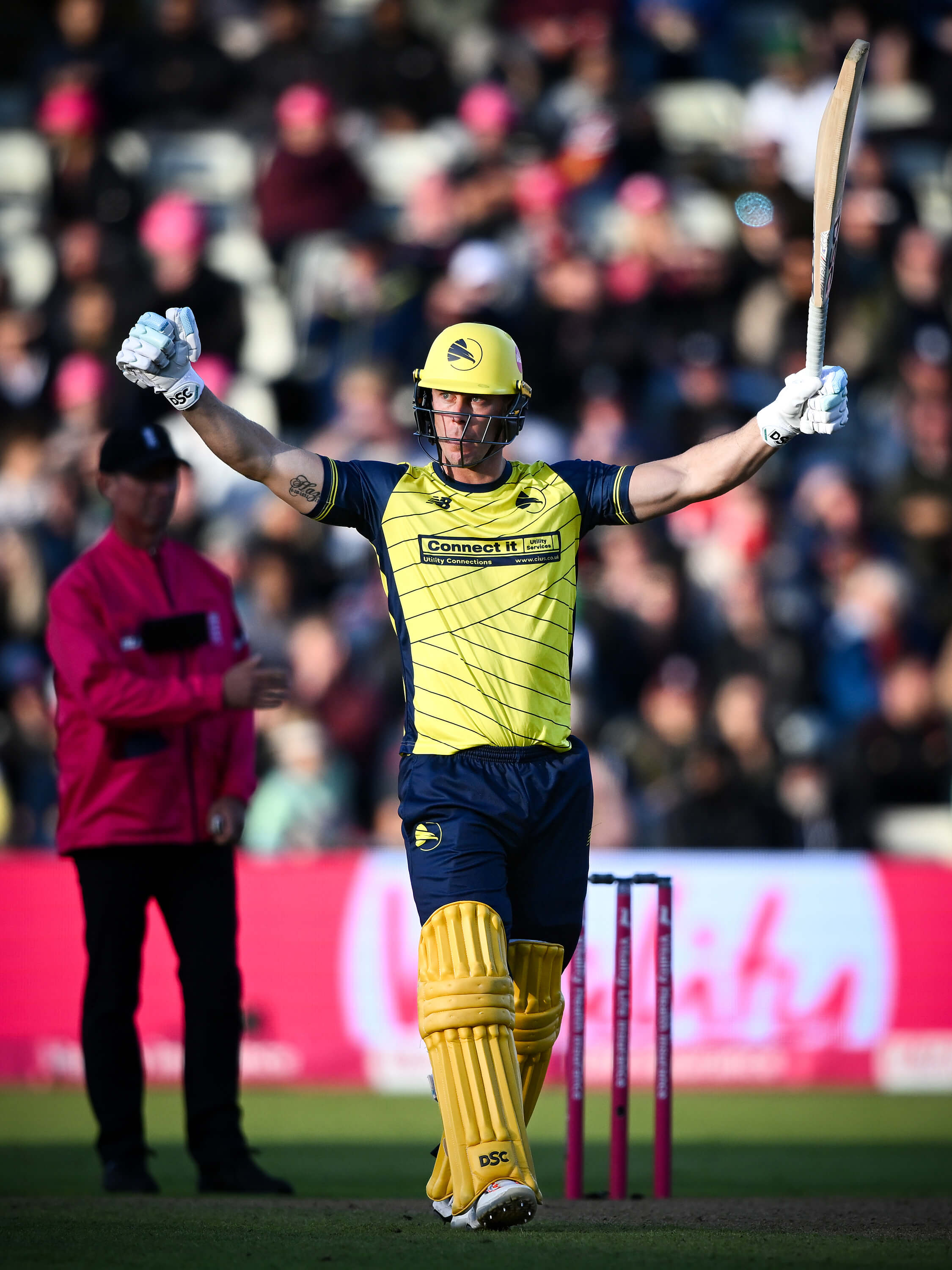 Chris Lynn celebrates bringing up his century to become the first player to score a hundred at men's Vitality Blast Finals Day