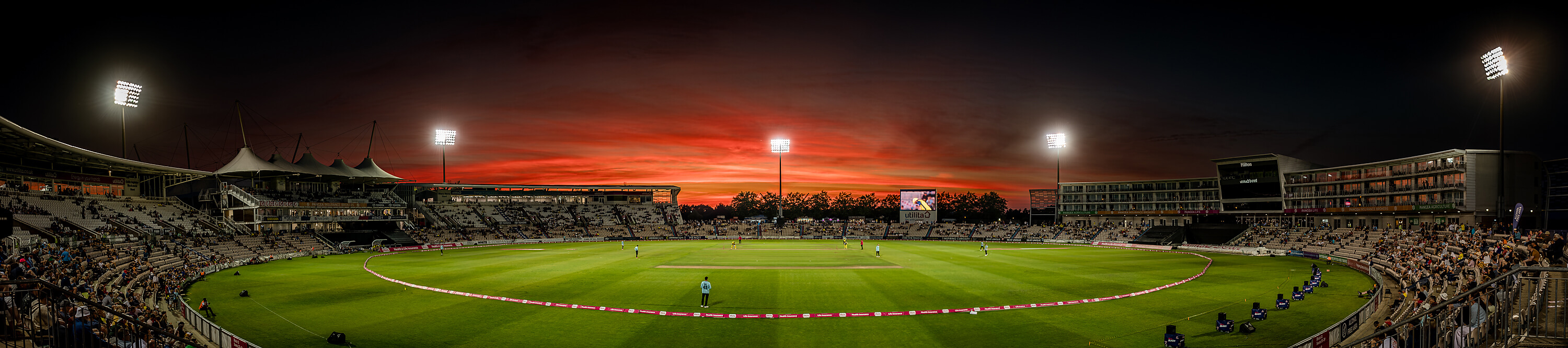 A panoramic view of Utilita Bowl during sunset of Hampshire Hawks v Surrey in the Vitality Blast